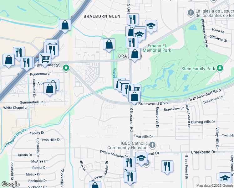 map of restaurants, bars, coffee shops, grocery stores, and more near Brays Bayou Trail in Houston