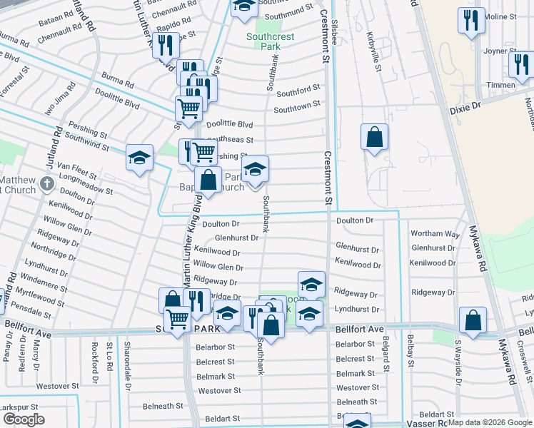 map of restaurants, bars, coffee shops, grocery stores, and more near 7656 Southbank in Houston