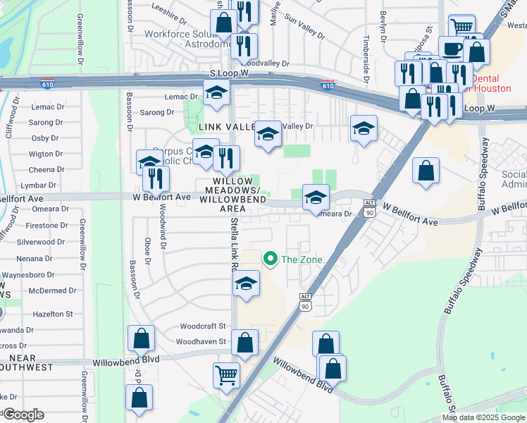 map of restaurants, bars, coffee shops, grocery stores, and more near 9825 Stella Link Road in Houston