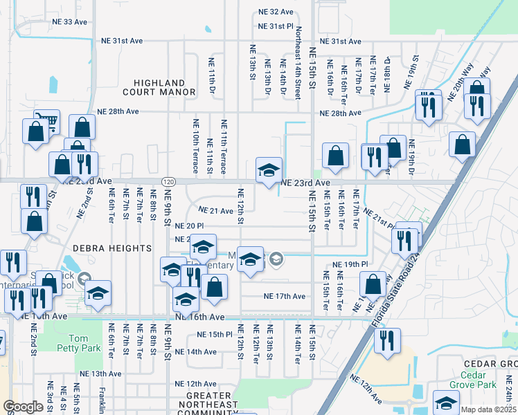 map of restaurants, bars, coffee shops, grocery stores, and more near 2130 Northeast 12th Terrace in Gainesville