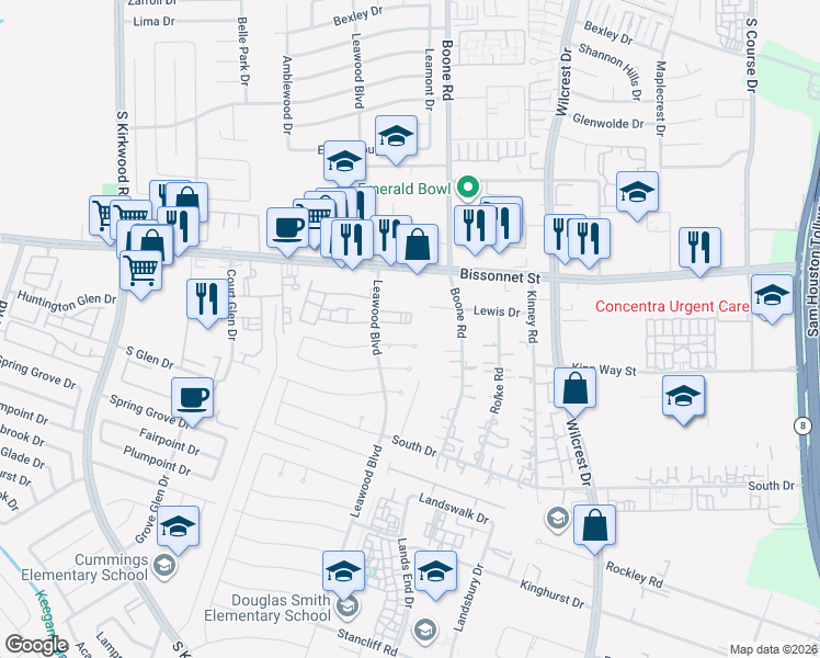map of restaurants, bars, coffee shops, grocery stores, and more near 11111 Lewis Drive in Houston