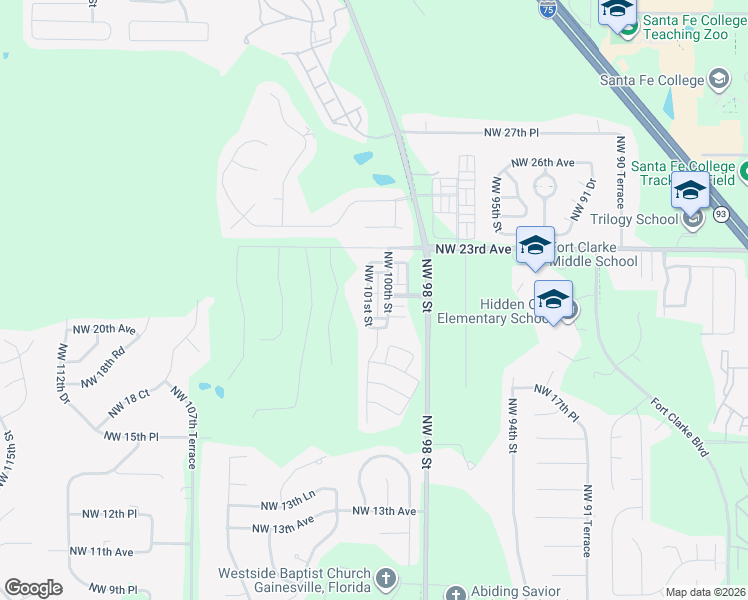 map of restaurants, bars, coffee shops, grocery stores, and more near 2143 Northwest 101st Street in Gainesville