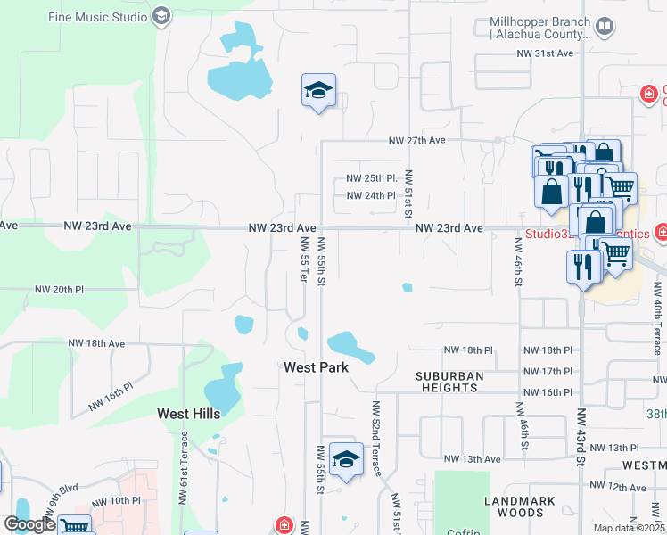 map of restaurants, bars, coffee shops, grocery stores, and more near 2110 Northwest 54th Terrace in Gainesville
