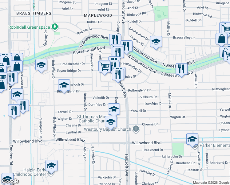 map of restaurants, bars, coffee shops, grocery stores, and more near 5934 Rutherglenn Drive in Houston