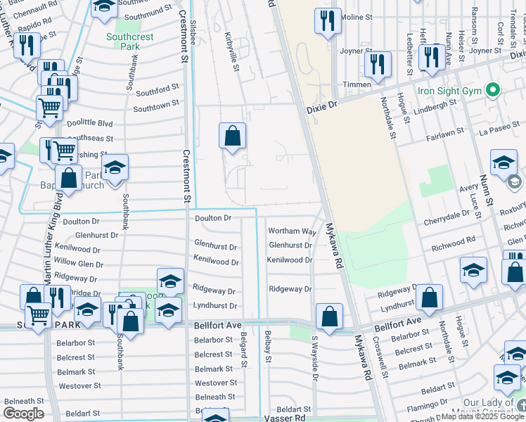 map of restaurants, bars, coffee shops, grocery stores, and more near 6107 Doulton Drive in Houston