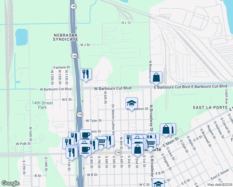 map of restaurants, bars, coffee shops, grocery stores, and more near 453-499 West Barbours Cut Boulevard in La Porte