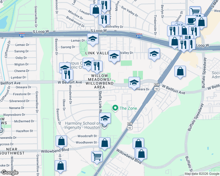 map of restaurants, bars, coffee shops, grocery stores, and more near 3920 Omeara Drive in Houston