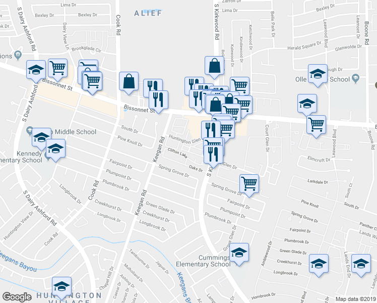 map of restaurants, bars, coffee shops, grocery stores, and more near 12007 Clifton Oaks Drive in Houston