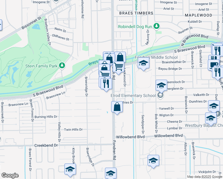 map of restaurants, bars, coffee shops, grocery stores, and more near 9888 Fondren Road in Houston