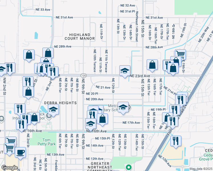 map of restaurants, bars, coffee shops, grocery stores, and more near 1121 Northeast 22nd Avenue in Gainesville