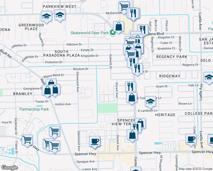 map of restaurants, bars, coffee shops, grocery stores, and more near 4200 Kalwick Drive in Deer Park