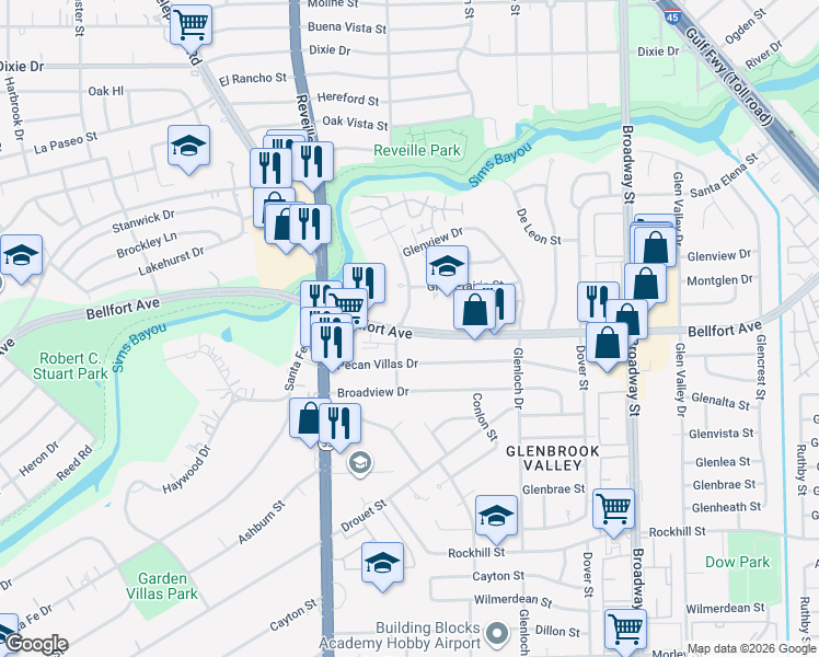 map of restaurants, bars, coffee shops, grocery stores, and more near 7555 Bellfort Avenue in Houston