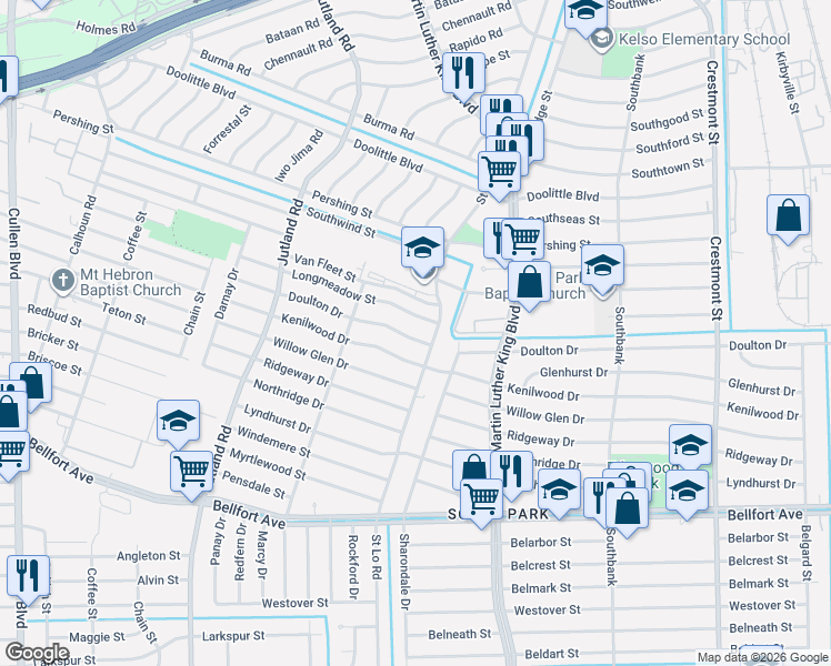 map of restaurants, bars, coffee shops, grocery stores, and more near 5421 Longmeadow Street in Houston
