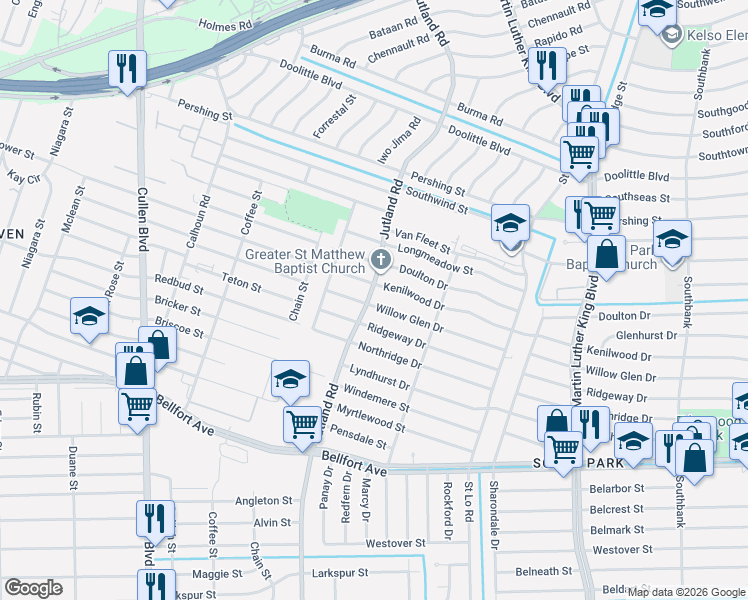 map of restaurants, bars, coffee shops, grocery stores, and more near 7718 Jutland Road in Houston