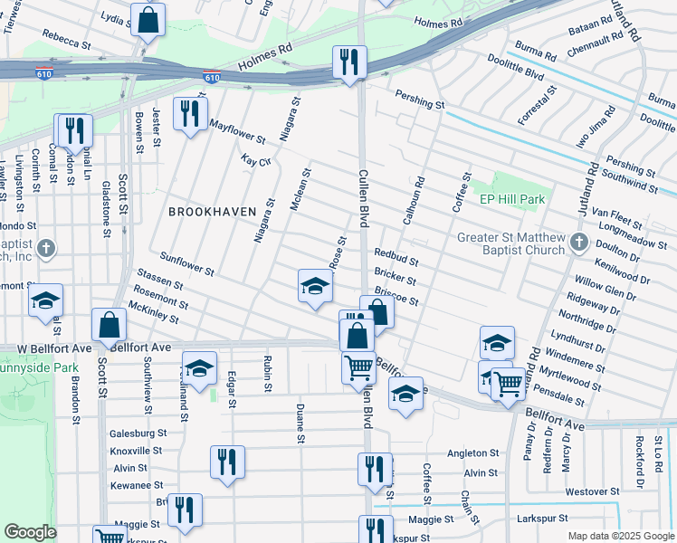 map of restaurants, bars, coffee shops, grocery stores, and more near 4614 Redbud Street in Houston