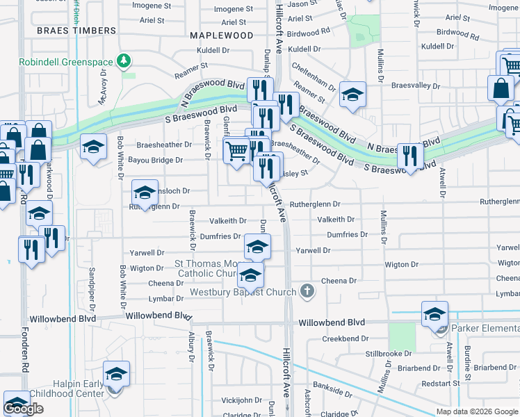 map of restaurants, bars, coffee shops, grocery stores, and more near 5934 Rutherglenn Drive in Houston