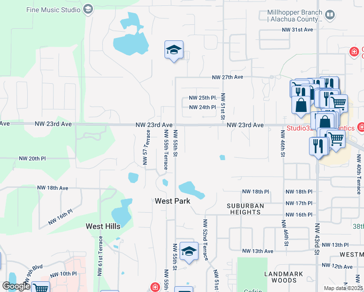 map of restaurants, bars, coffee shops, grocery stores, and more near 2110 Northwest 54th Terrace in Gainesville