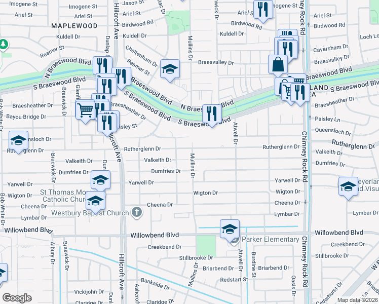map of restaurants, bars, coffee shops, grocery stores, and more near 5710 Rutherglenn Drive in Houston