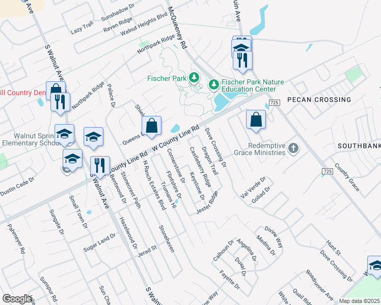 map of restaurants, bars, coffee shops, grocery stores, and more near 737 West County Line Road in New Braunfels