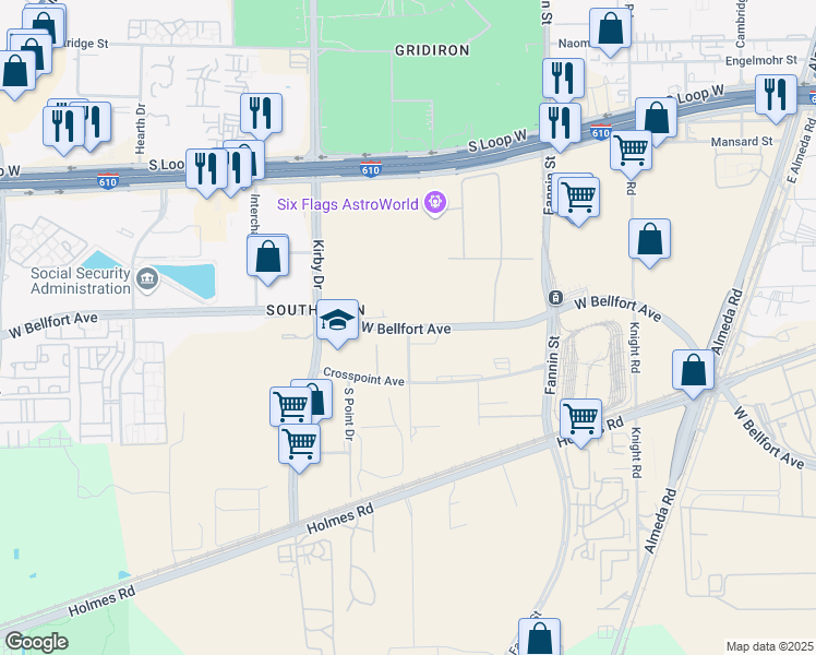 map of restaurants, bars, coffee shops, grocery stores, and more near Center Point Drive in Houston