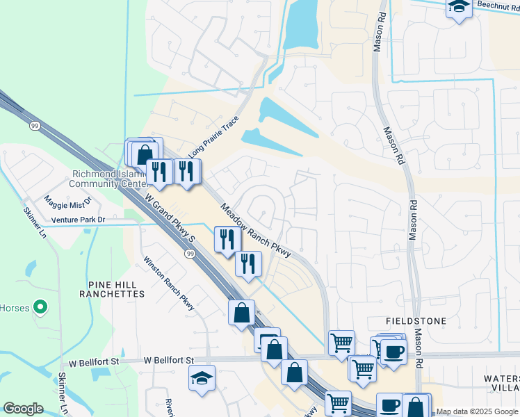 map of restaurants, bars, coffee shops, grocery stores, and more near 5511 Russett Bay Court in Richmond