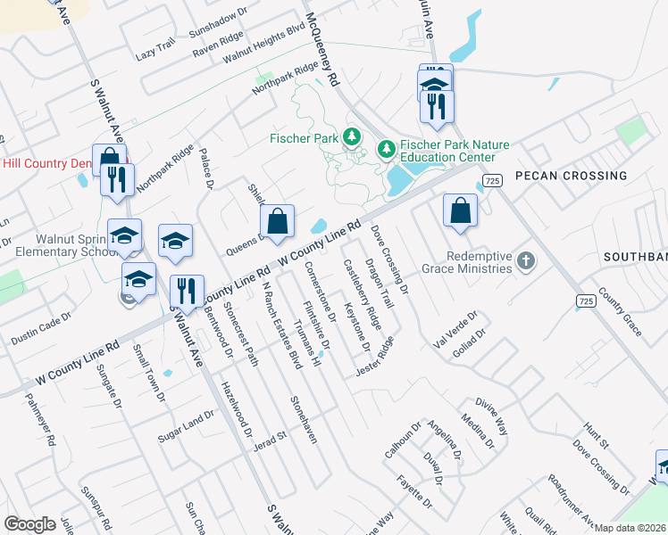 map of restaurants, bars, coffee shops, grocery stores, and more near 737 West County Line Road in New Braunfels