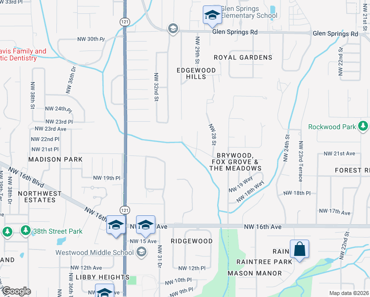 map of restaurants, bars, coffee shops, grocery stores, and more near 2929 Northwest 21 Avenue in Gainesville