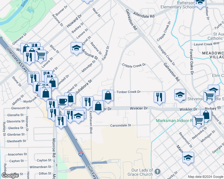map of restaurants, bars, coffee shops, grocery stores, and more near 5712 Brookglen Drive in Houston