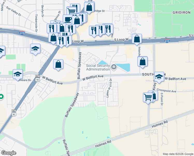 map of restaurants, bars, coffee shops, grocery stores, and more near 7 West Bellfort Boulevard in Houston