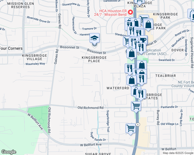 map of restaurants, bars, coffee shops, grocery stores, and more near 14803 Stocklin Court in Sugar Land