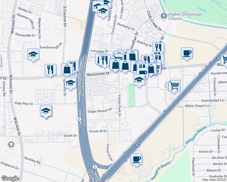 map of restaurants, bars, coffee shops, grocery stores, and more near 9802 Forum Park Drive in Houston