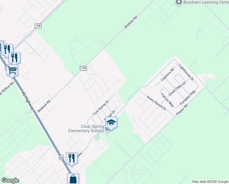 map of restaurants, bars, coffee shops, grocery stores, and more near 683 Tom Kemp Drive in New Braunfels