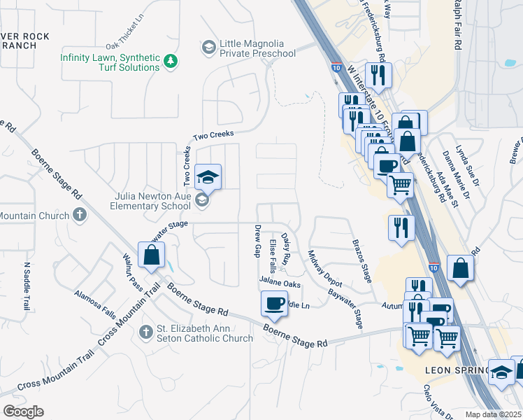 map of restaurants, bars, coffee shops, grocery stores, and more near 24614 Drew Gap in San Antonio