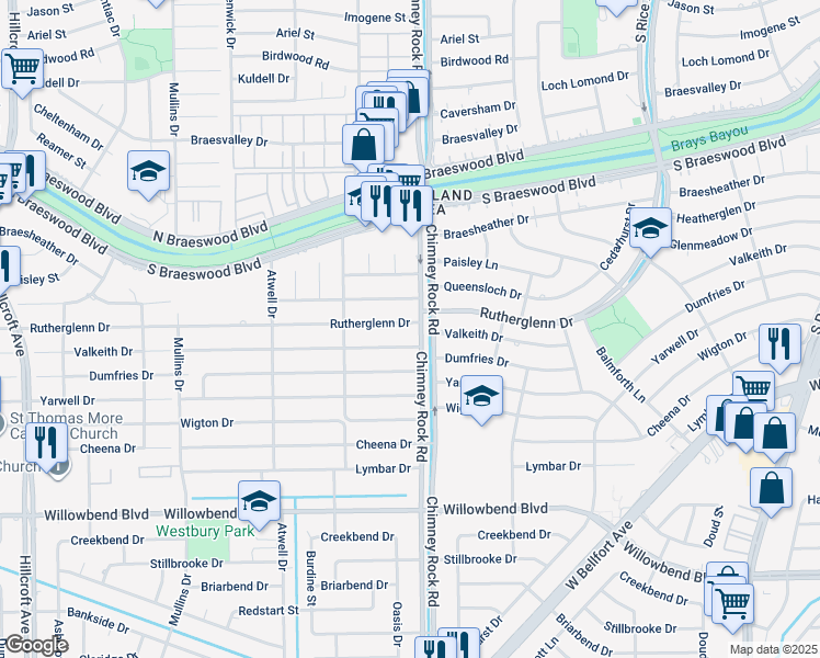 map of restaurants, bars, coffee shops, grocery stores, and more near 5418 Rutherglenn Drive in Houston