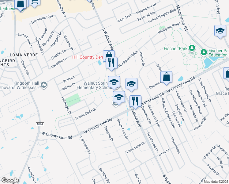 map of restaurants, bars, coffee shops, grocery stores, and more near 1900 South Walnut Avenue in New Braunfels