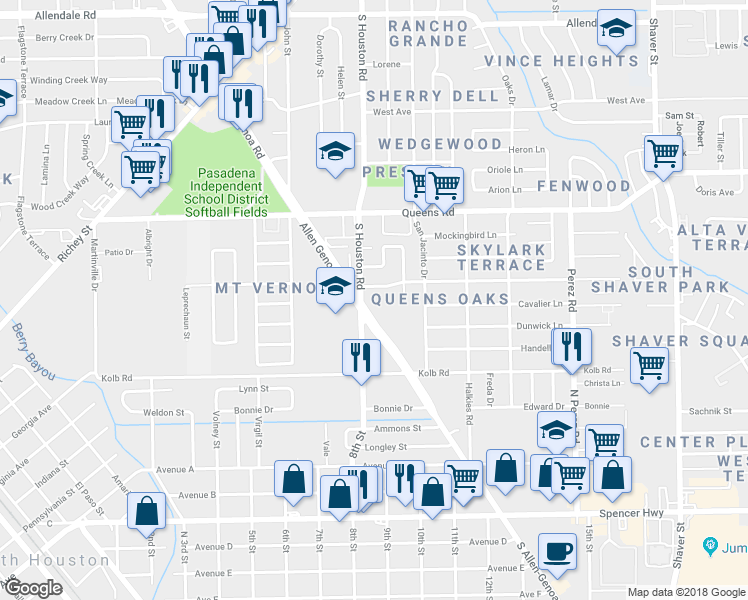 map of restaurants, bars, coffee shops, grocery stores, and more near 2555 Allen Genoa Road in Pasadena