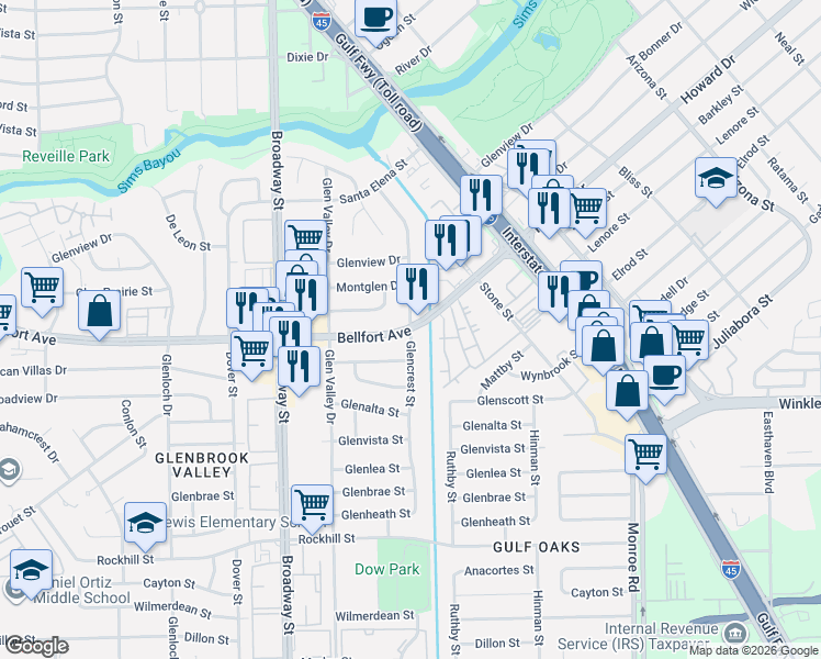 map of restaurants, bars, coffee shops, grocery stores, and more near 410 Bagby Street in Houston