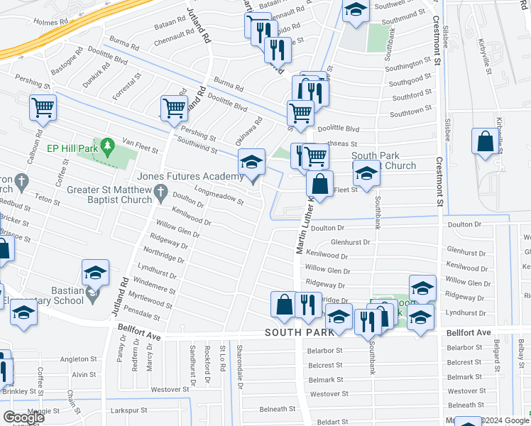 map of restaurants, bars, coffee shops, grocery stores, and more near 7601 Saint Lo Road in Houston