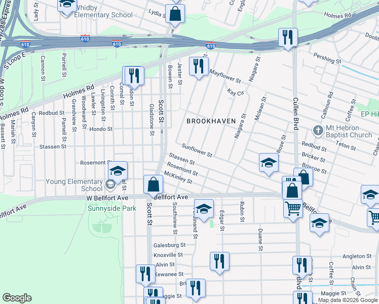 map of restaurants, bars, coffee shops, grocery stores, and more near 4010 Sunflower Street in Houston