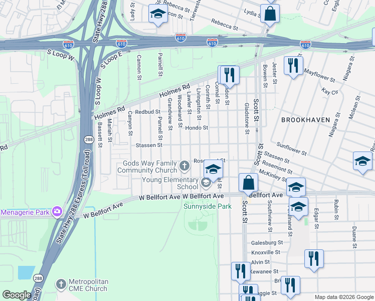 map of restaurants, bars, coffee shops, grocery stores, and more near 8202 Lawler Street in Houston