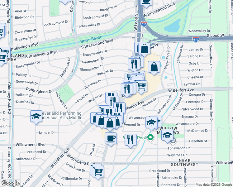 map of restaurants, bars, coffee shops, grocery stores, and more near 4902 Wigton Drive in Houston