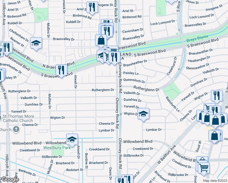 map of restaurants, bars, coffee shops, grocery stores, and more near 5418 Rutherglenn Drive in Houston