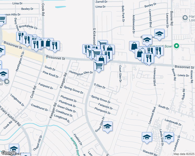 map of restaurants, bars, coffee shops, grocery stores, and more near 9710 South Kirkwood Road in Houston
