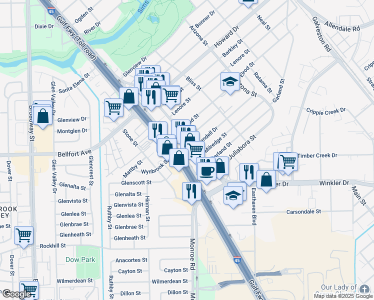 map of restaurants, bars, coffee shops, grocery stores, and more near in Houston