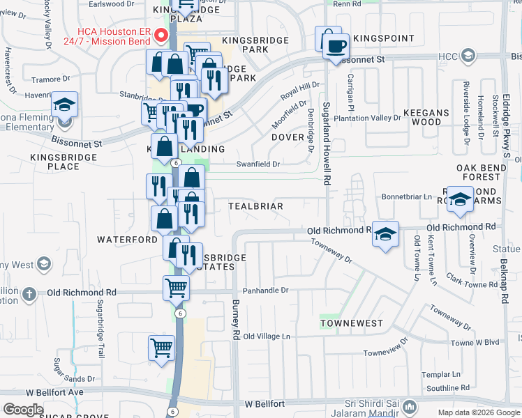 map of restaurants, bars, coffee shops, grocery stores, and more near 14415 Ardwell Drive in Sugar Land