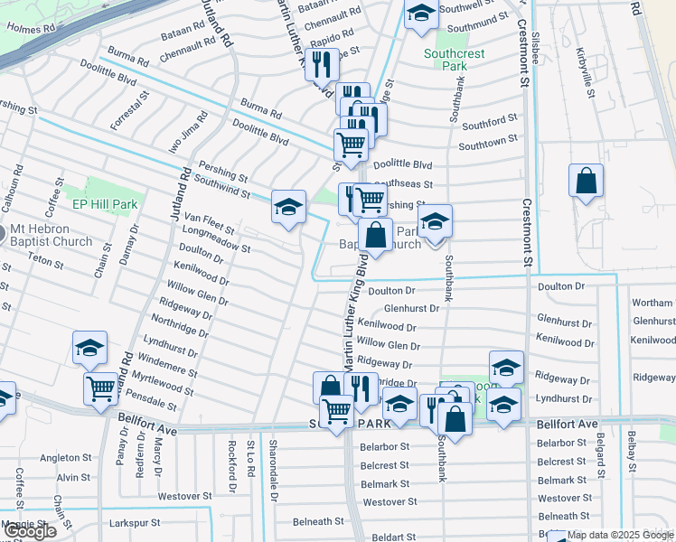 map of restaurants, bars, coffee shops, grocery stores, and more near 7526 Martin Luther King Boulevard in Houston