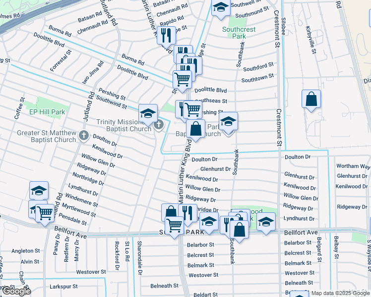 map of restaurants, bars, coffee shops, grocery stores, and more near 7600 Martin Luther King Boulevard in Houston