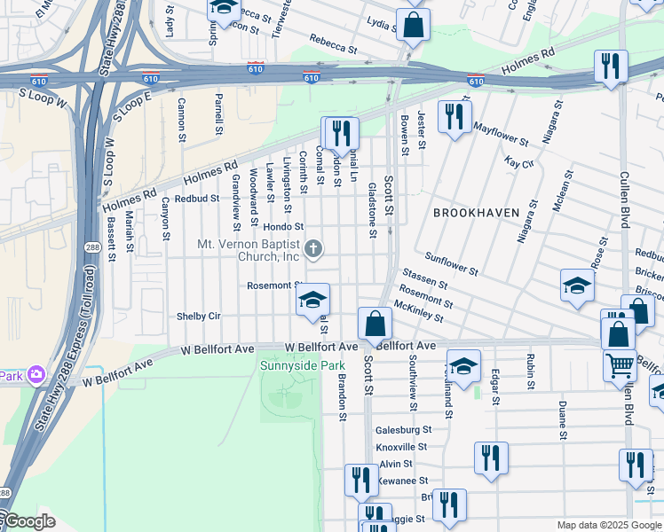 map of restaurants, bars, coffee shops, grocery stores, and more near 3609 Du Bois Street in Houston