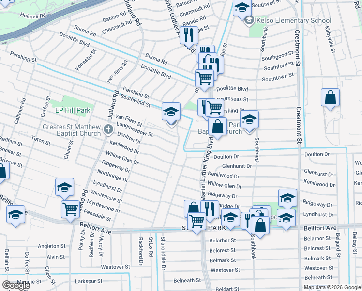 map of restaurants, bars, coffee shops, grocery stores, and more near 7601 Saint Lo Road in Houston