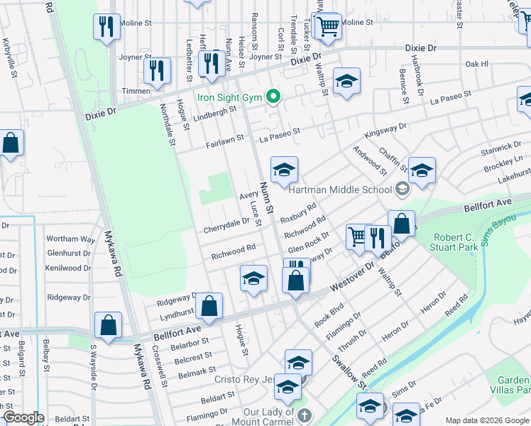 map of restaurants, bars, coffee shops, grocery stores, and more near 6322 Nunn Street in Houston